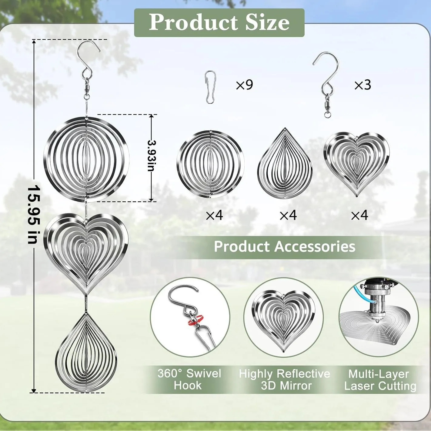 4PCS Metal Bird Scare Discs, Wind Spinner 3D Hanging Wind Sculptures Bird Scare Devices Outdoor Garden Decor Mirrored Wind Chime