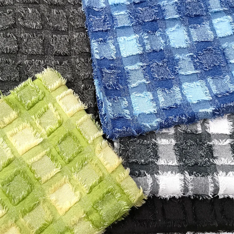 

Blue checkered tassel cut flower dyed jacquard fabric, fashion clothing dress texture fabric DIY design cloth