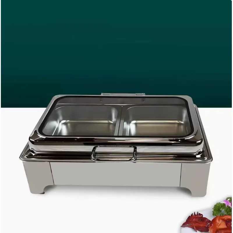 Stainless Steel Rectangular Buffet Warmer with Glass Lid Commercial Food Display Tray for Hotel Restaurant Catering Service