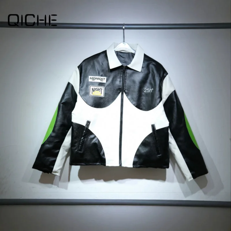 Chaqueta Casual de Cuero Sintético PU para Hombre, con Estampado de Cruz, Bloques de Color y Cuello Alto, Estilo Motociclista