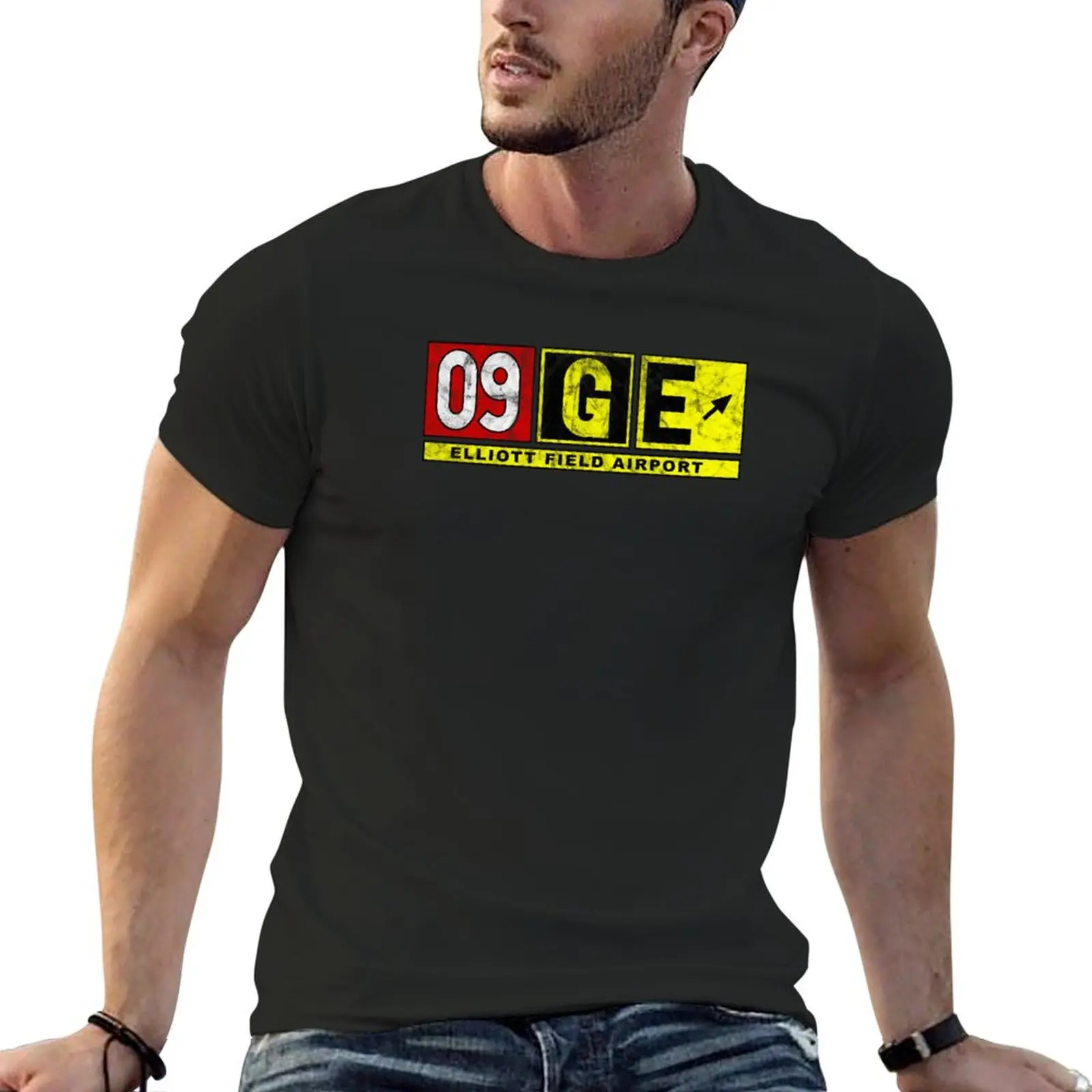 09GE Elliott Field Airport Taxiway Sign Design Distressed T-Shirt hippie clothes Blouse quick drying sweat shirts, men