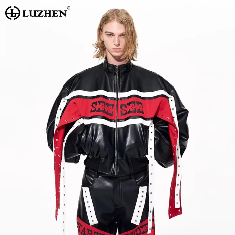 LUZHEN 2025 New Color Contrast Patchwork Design Stand Neck Leather Motorcycles Jacket Men's Fashion Handsome Street Coat JY5712