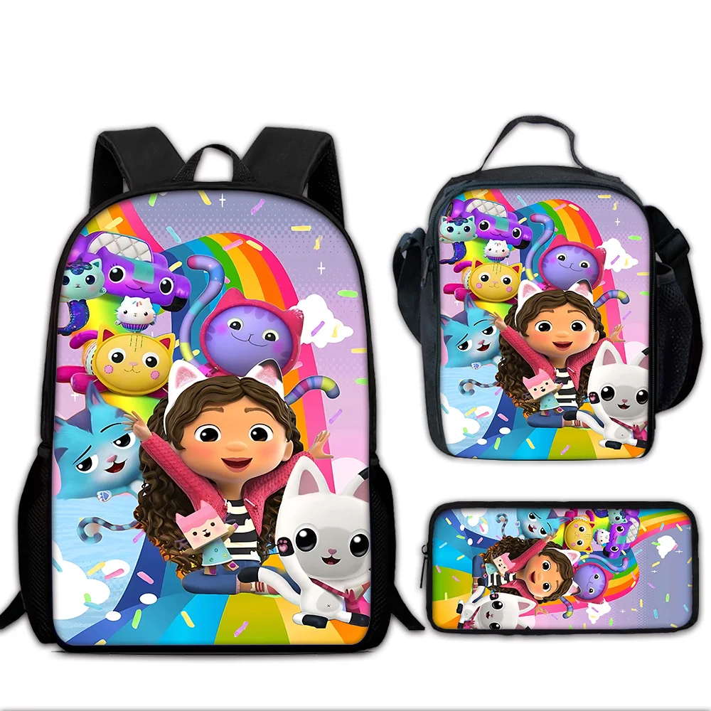 Cute Gabby's Cartoon Dollhouse Child School Backpack with Lunch Bags ,Pencil Bags ,School Bags for Boys Girls Best Gift