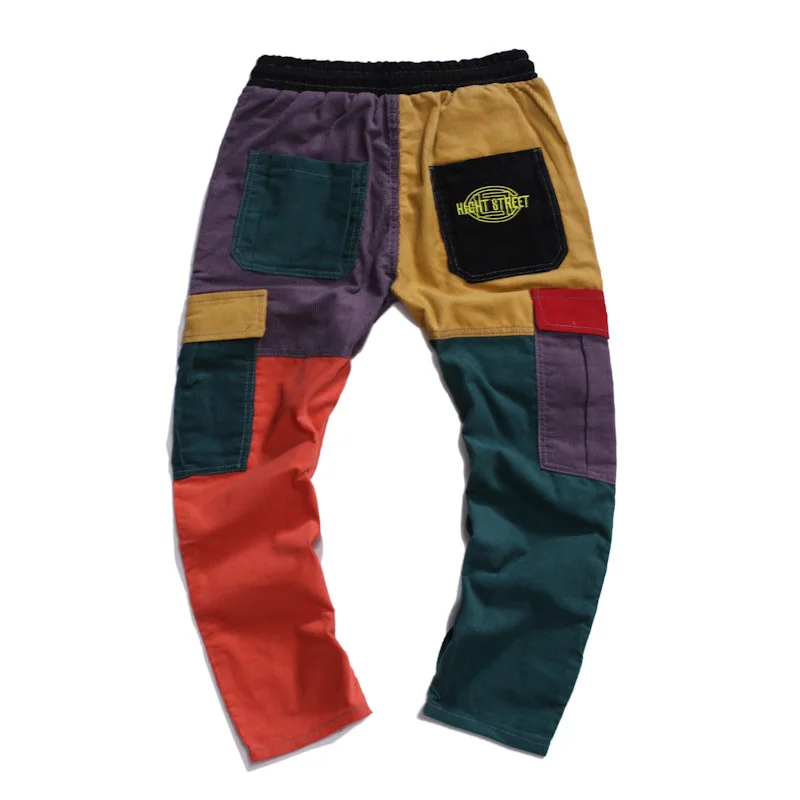 Men's Corduroy Casual Pants Women New Fashion Elastic Waist Patchwork Trousers Streetwear Hip Hop Trend Sweatpants