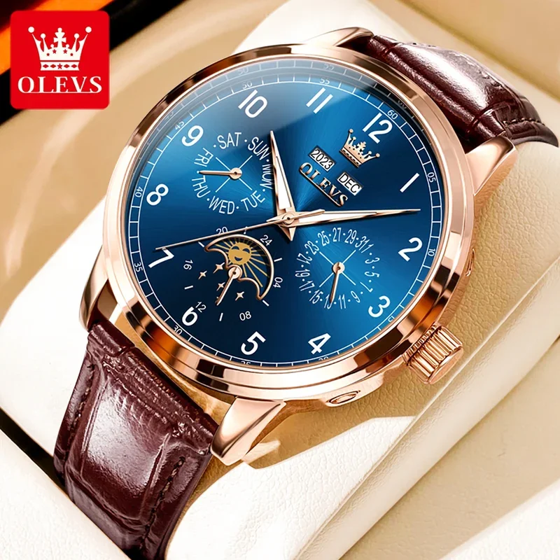 

Olevs 6698 men's automatic mechanical watch business dual calendar waterproof lunar phase leather strap luxury men's watch