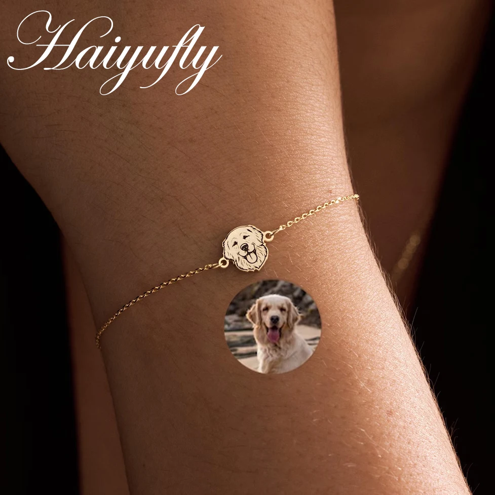 

Haiyufly Personalized Pet Portrait Bracelet for Women Stainless Steel Jewelry Custom Dog Cat Photo Pet Memorial Chain Gift
