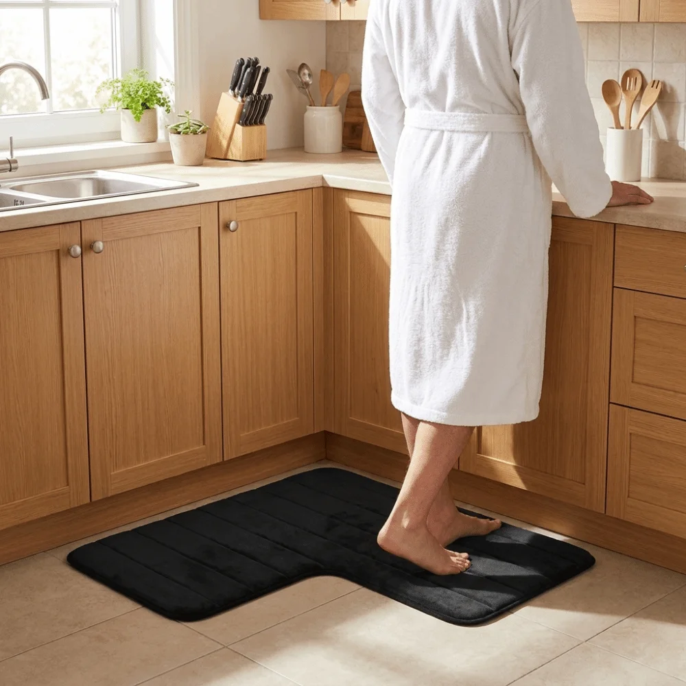 Coral Velvet L-Shaped Bathroom Floor Mat Wear-Resisting Striped Absorbent Foot Mat Right Angle Non-Slip Doormat Bathroom