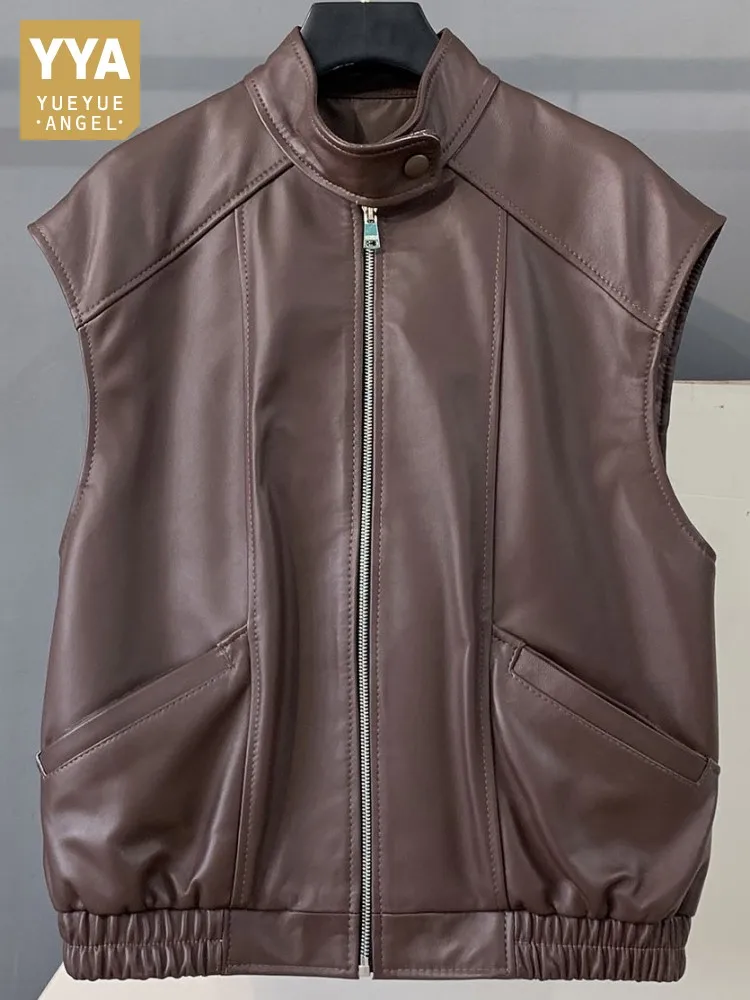 

Leisure Style Female Solid Color Zipper Genuine Leather Vest Loose Elastic Waist Sleeveless Pockets Fashion Sheepskin Outerwear