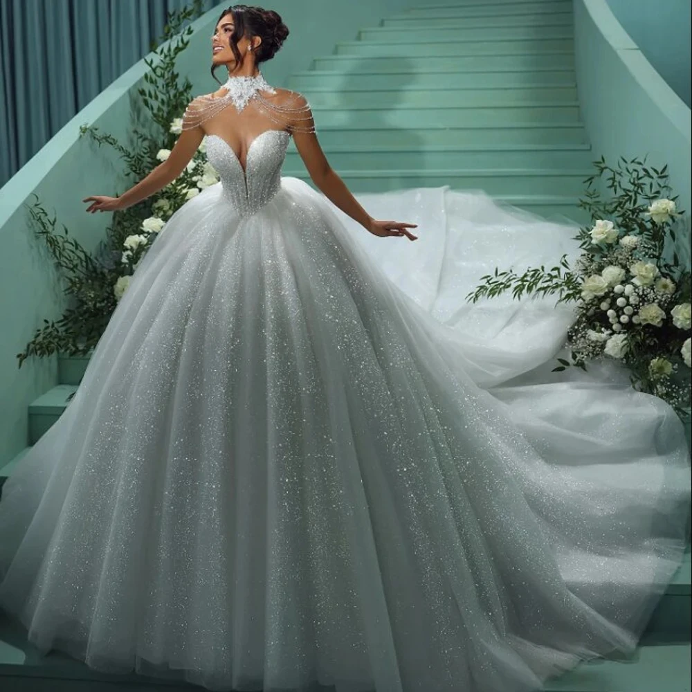 

Glitter Princess Wedding Dresses 2026Sweetheart Beaded Lace Up Sequins Cathedral Bridal Bride Gowns Dress Vestidos De Noiva