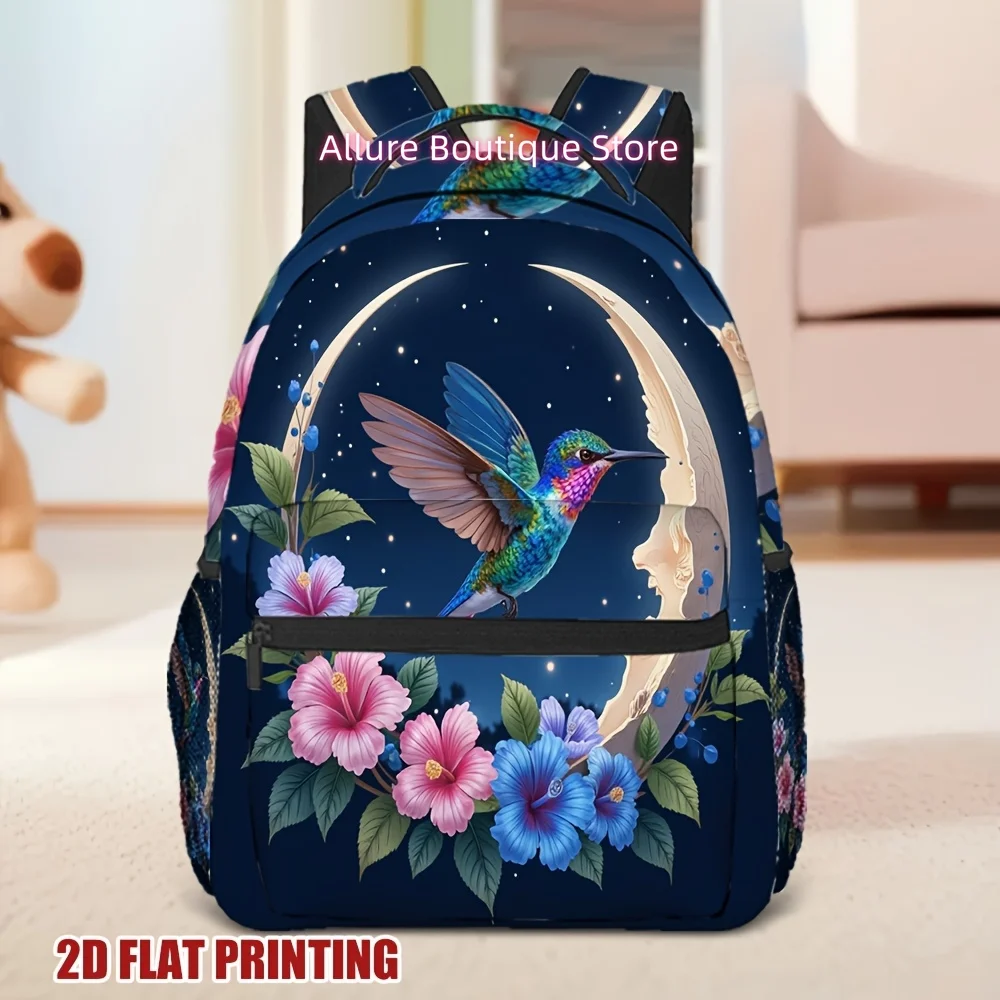 1pc Animal Themed Artwork Magic Moonlit Hummingbird Floral Backpack, Lightweight and Durable, Perfect for Carrying Books, Laptop