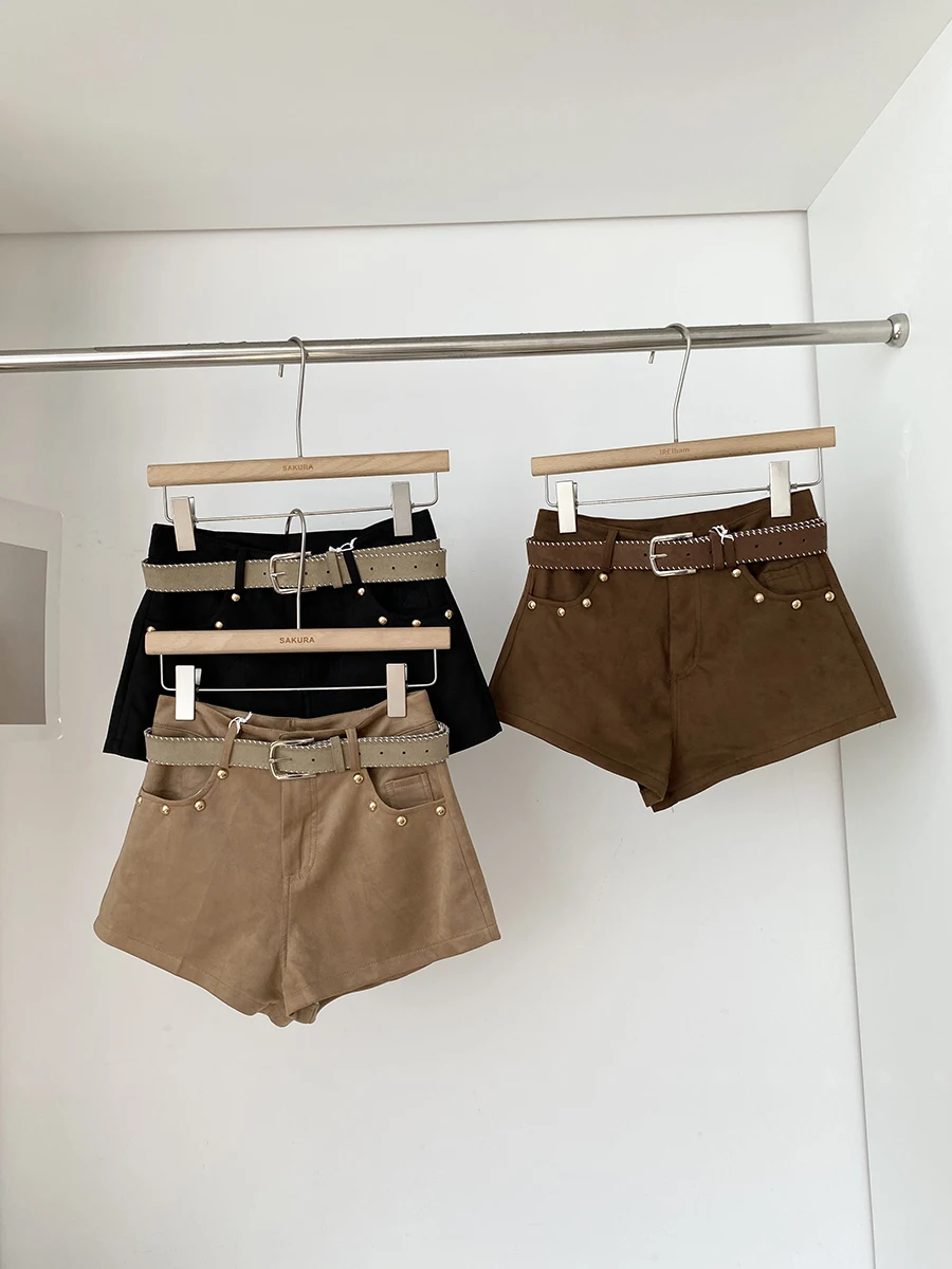 

Женские осенне-зимние однотонные замшевые шорты с заклепками, женская уличная одежда, винтажные свободные широкие шорты