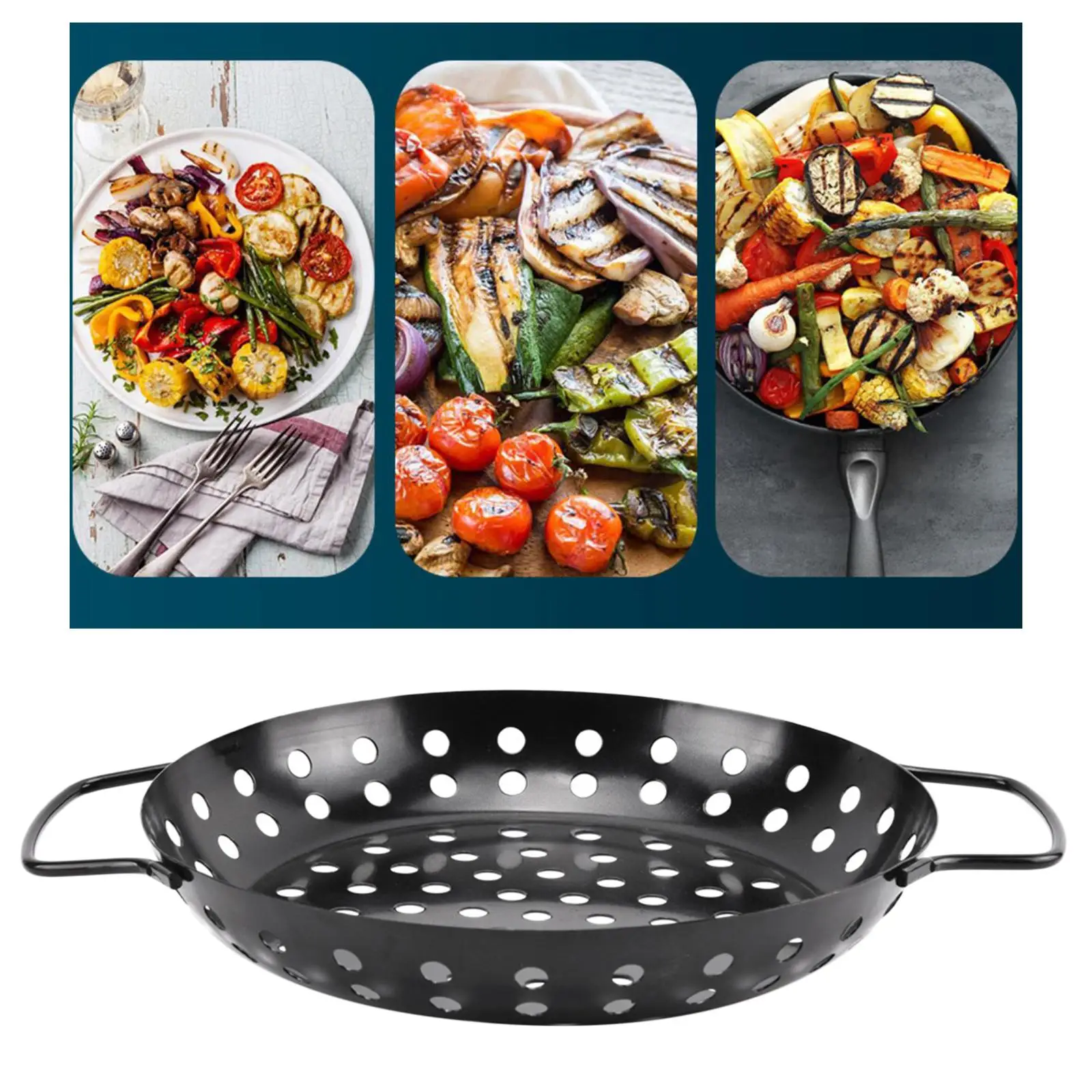 BBQ Grill Pan for Veggie Meat Fruits Roasting with Non Stick Coating - Pizza Grilling Tray - Barbecue Accessories
