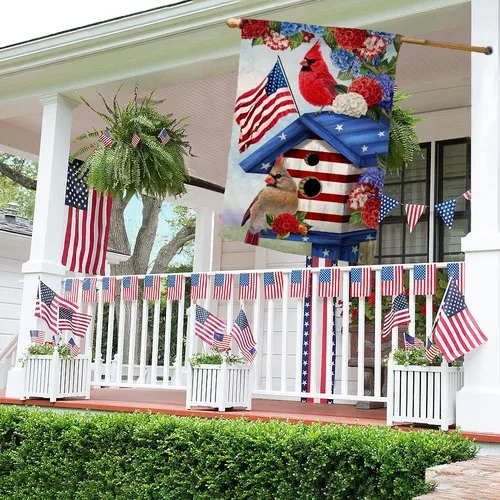 BLKWHT 4th of July Cardinal Bird House Flag 28x40 Vertical Double Sided Red B... AAV - view 2