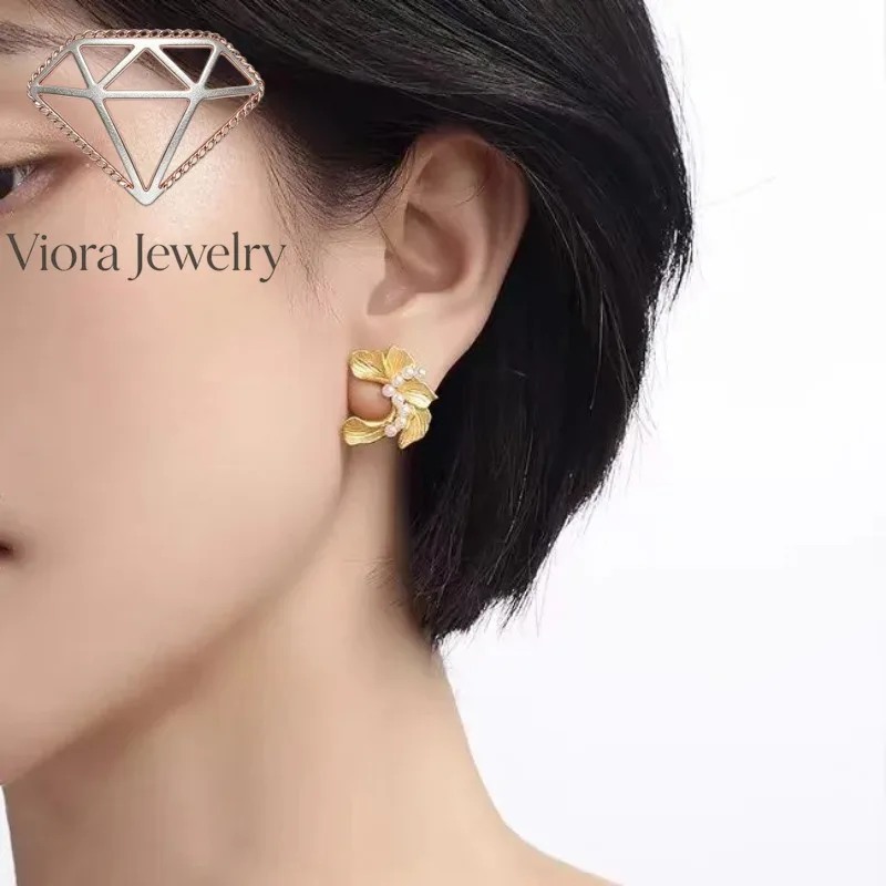 Viora Jewelry Elegant 24K inlaid bead earrings for women, fashionable temperament earrings 9999 earrings, same style as Xiaohong