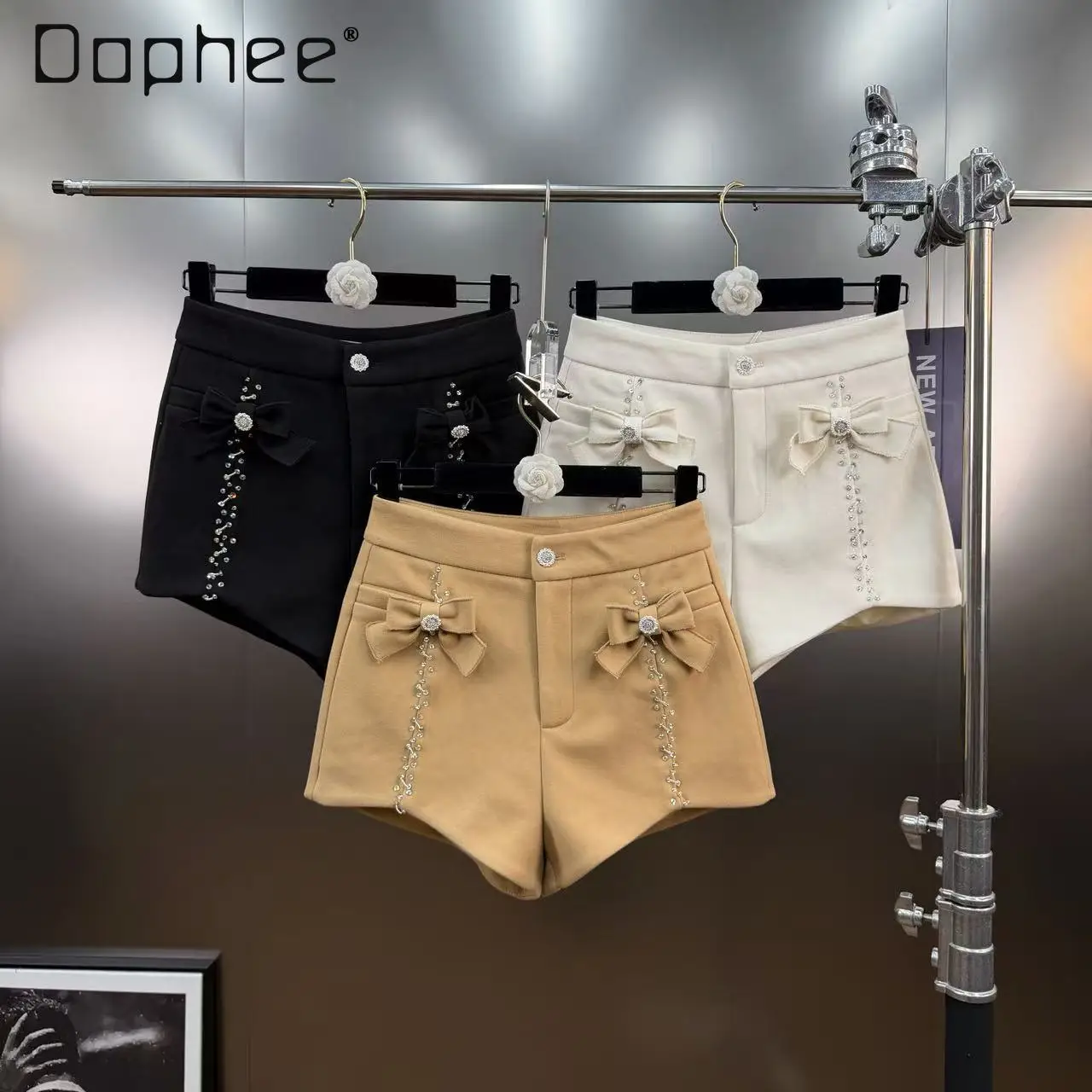 

French Style Girly Beaded Rhinestone Shiny Bow Decoration Slim Versatile Thickened Shorts Autumn Winter New Hot Girl Y2K Shorts