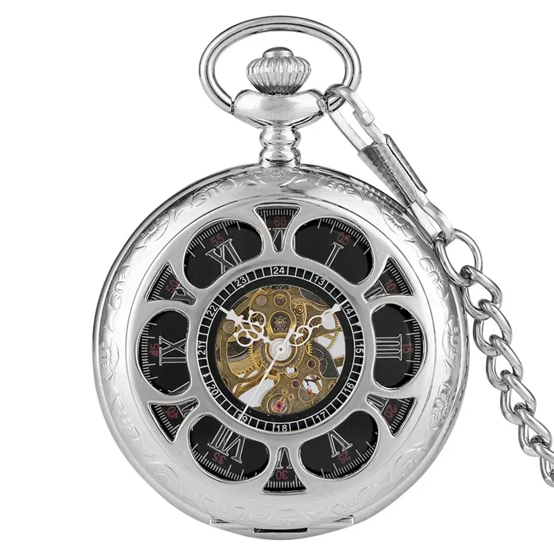 Silver Hollow Flower Case Roman Numeral Dial Pocket Watch Men Women Hand Wind Mechanical Watches Skeleton Clock Pendant Chain
