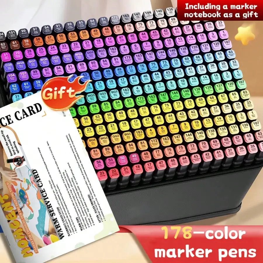 Image of XBJ 178 Farben Doppelseitige Alkoholmarker Permanentstifte mit Aufbewahrungstasche für Kinder und Erwachsene, zum Skizzieren, Zeichnen, Scrapbooking, Basteln, Schule, Büro, Geburtstagsgeschenk