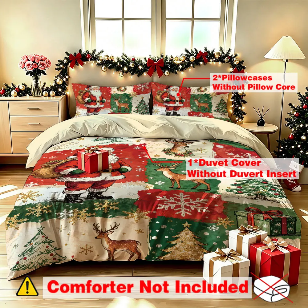 Duvet Cover Set 3PCS Santa Claus Reindeer Christmas Tree Snowflake Plaid Bedding Set Soft Fabric Home Decor for Bedroom