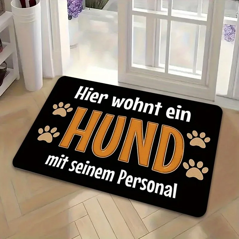 German Pet Family Doormat - "DOG" Text with Paw Print, 0.4-Inch Thick Sponge, Black with White Lettering, Machine Washable Rug
