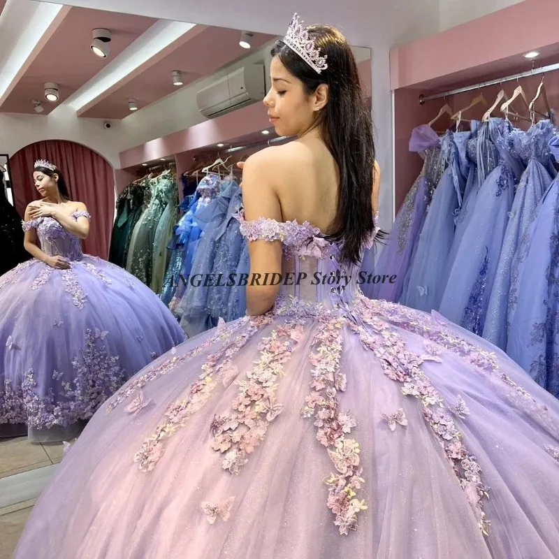 Angelsbridep lavanda princesa quinceanera vestidos frisados rendas apliques arco doce 16 vestido méxico vestido de 15 anos personalizado