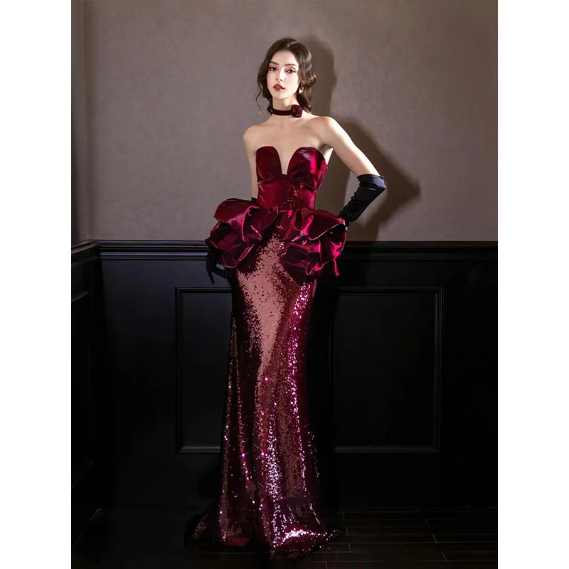 Tape and toast dress 2024 new high-end wedding dress fishtail banquet temperament host evening dress Prom Party Celebrity Gowns