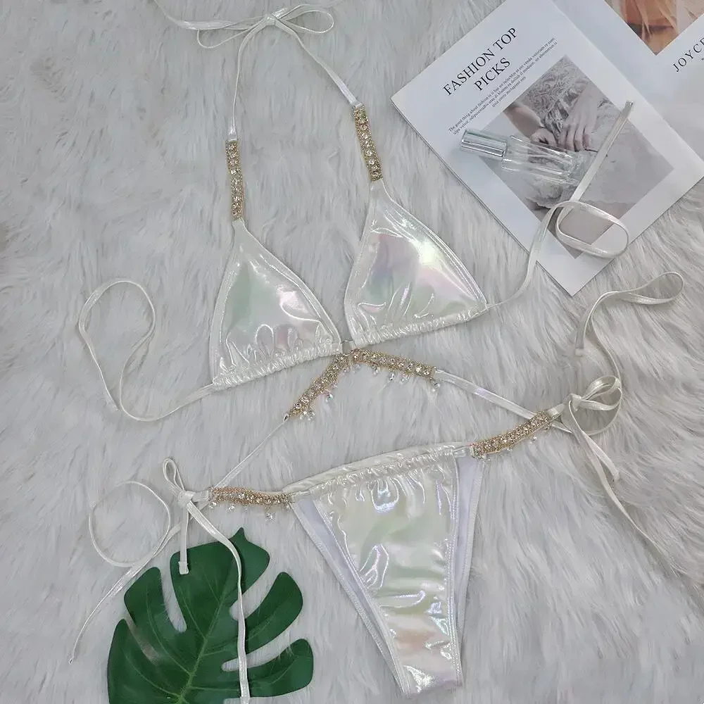 Комплект бикини с бриллиантами и стразами, женский роскошный купальник с эффектом пуш-ап, крест-накрест, бандажный купальник, 2025 блестящий розовый купальный костюм, стринги, купальник
