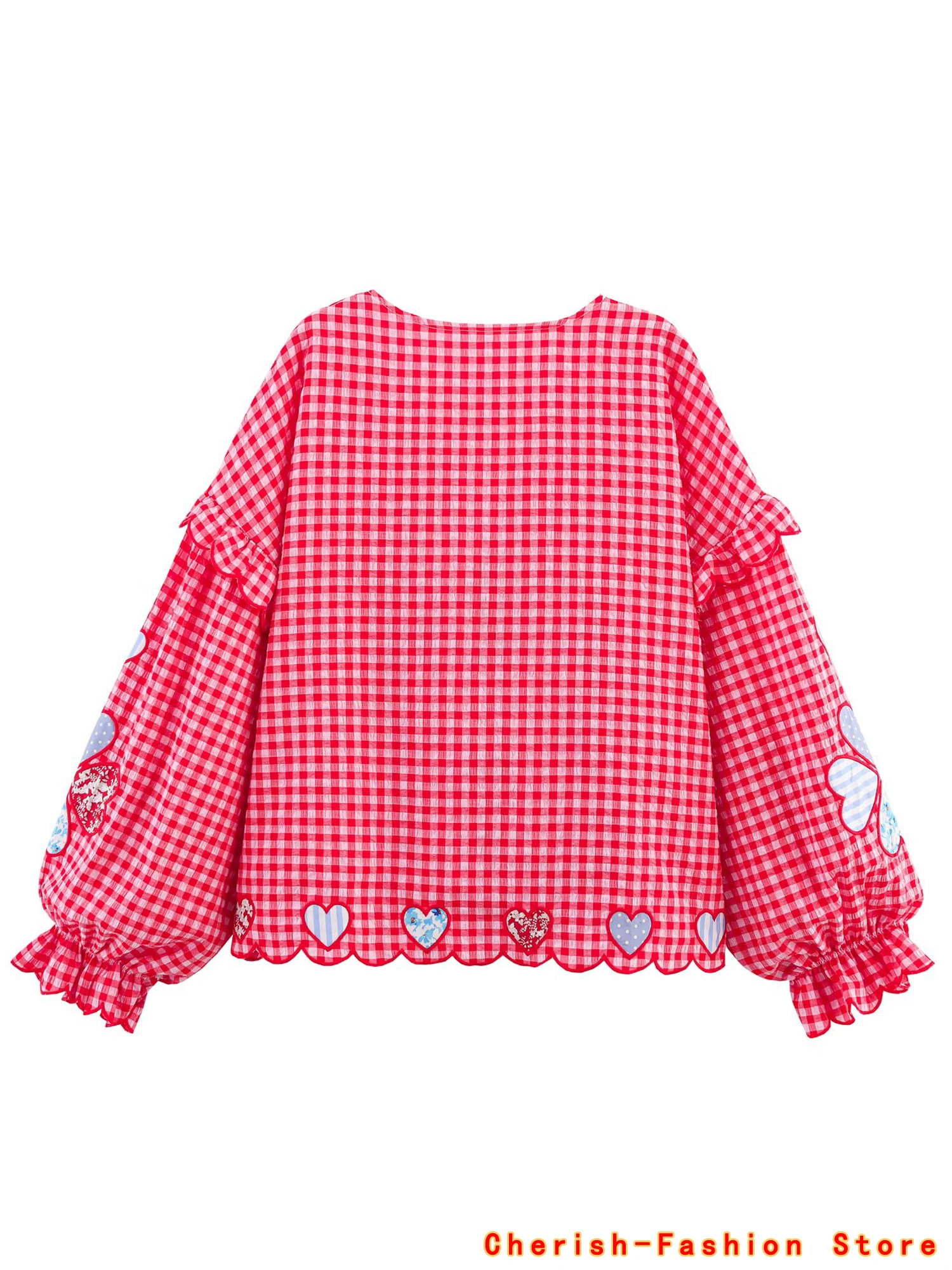 Plaid Tops Heart shape embroidery Shirt Women Ladylike Style Blouses Shirt Lace-up decoration Woman Shirts And Blouses Tops Hot