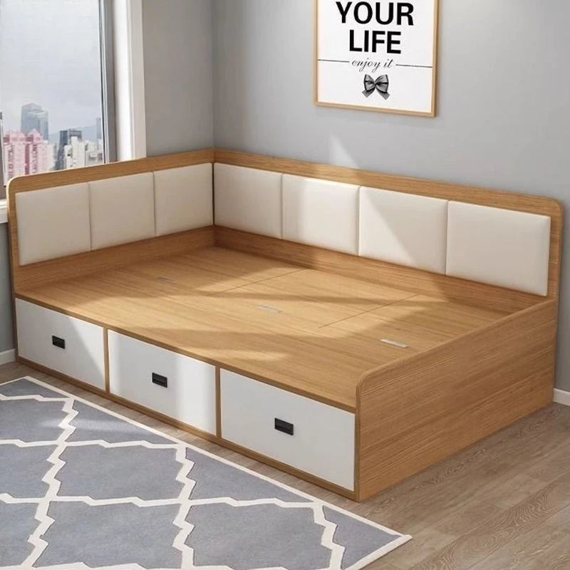 

Simple modern solid wood tatami Small apartment storage double bed High box drawer single bed Fence storage