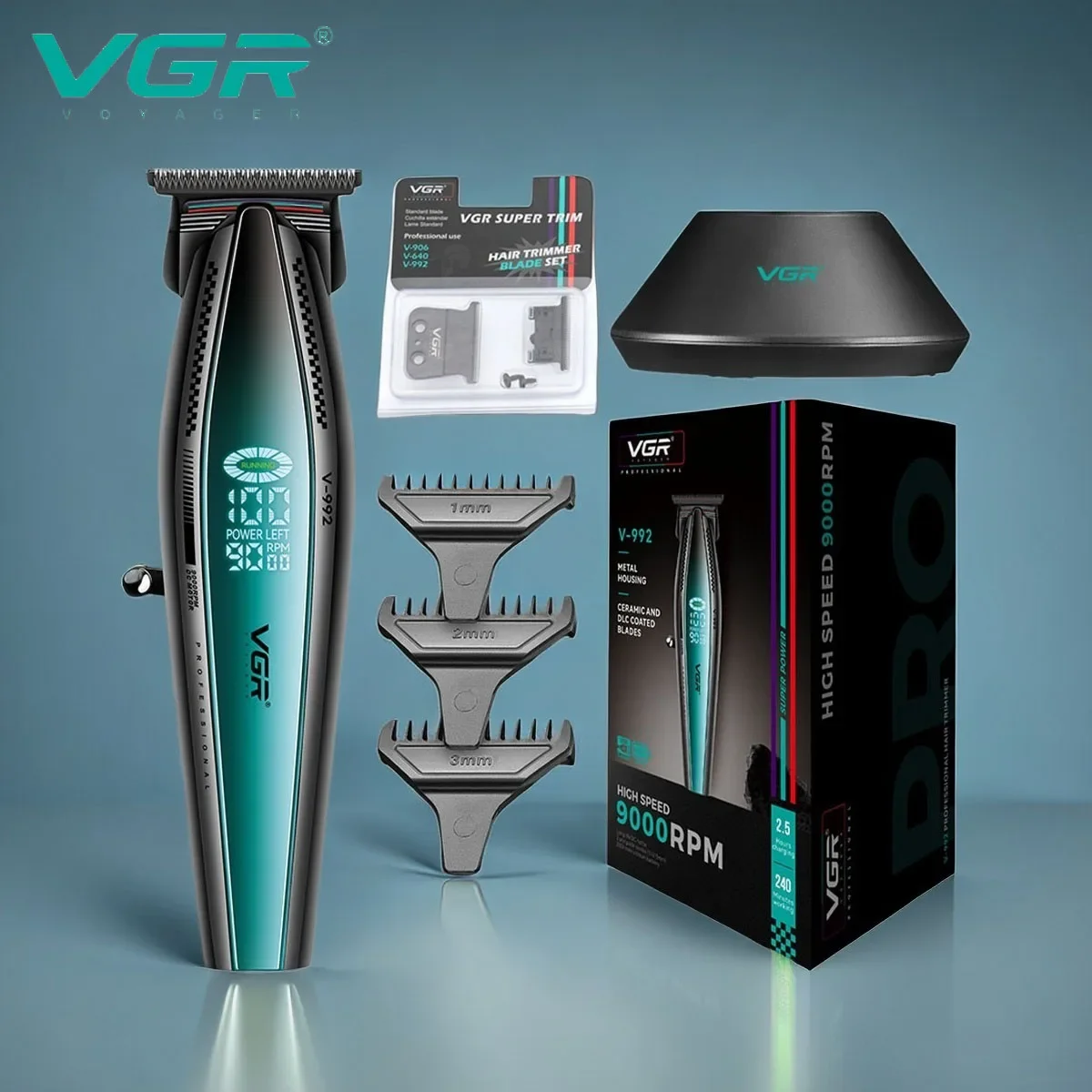 VGR Professional Hair Trimmer Barber Hair Cutting Machine Rechargeable Clippers 9000 RPM LED Display Hair Trimmer for Men V-992