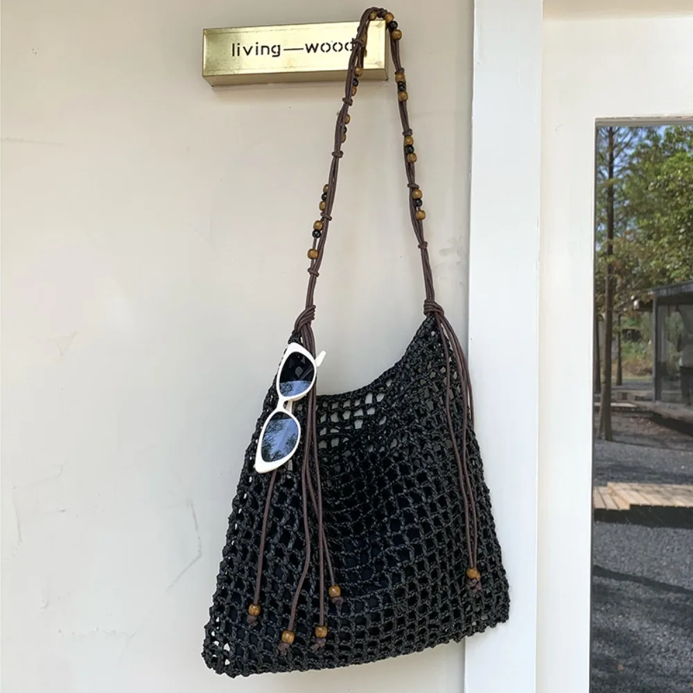 

Casual Large Capacity Lafite Straw Bag Drawstring Handmade Weave Tote Bag Wood Beaded Simple Summer Beach Handbag Summer