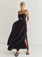 Clacive Sexy Loose Black Cotton Womens Dresses 2024 Summer Strap Sleeveless Ankle Length Dress Elegant Hollow Out Female Dress - Image 4
