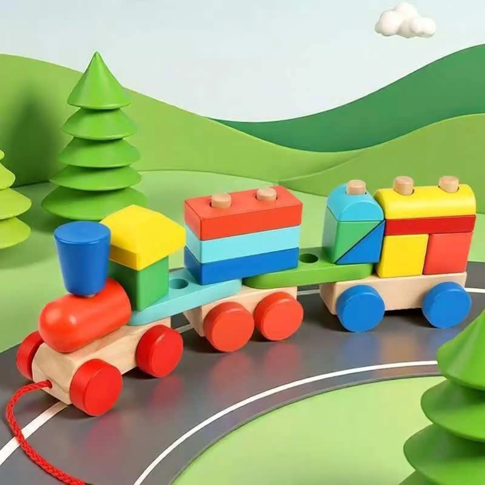 Holz-Stapelblock-Zugspielzeug Lernspielzeug Bauklötzchen-Set für 2-4 Jahre Alte Kinder