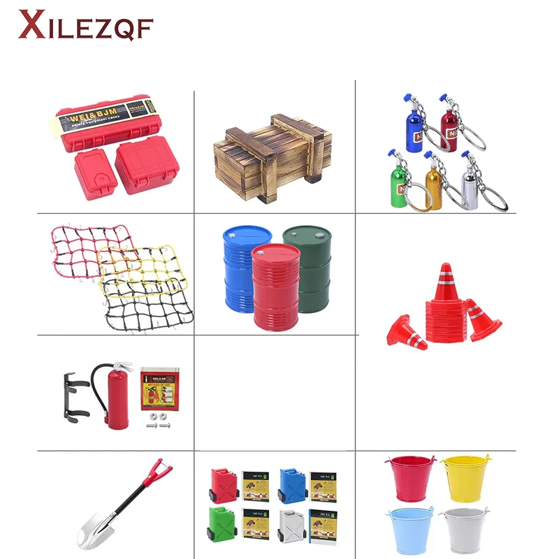 1:10 Simulation Decor Tools Set, Shovel, Oil Drum, Traffic Cones for RC Crawler TRX4 SCX10 Off-Road Car Decoration Parts