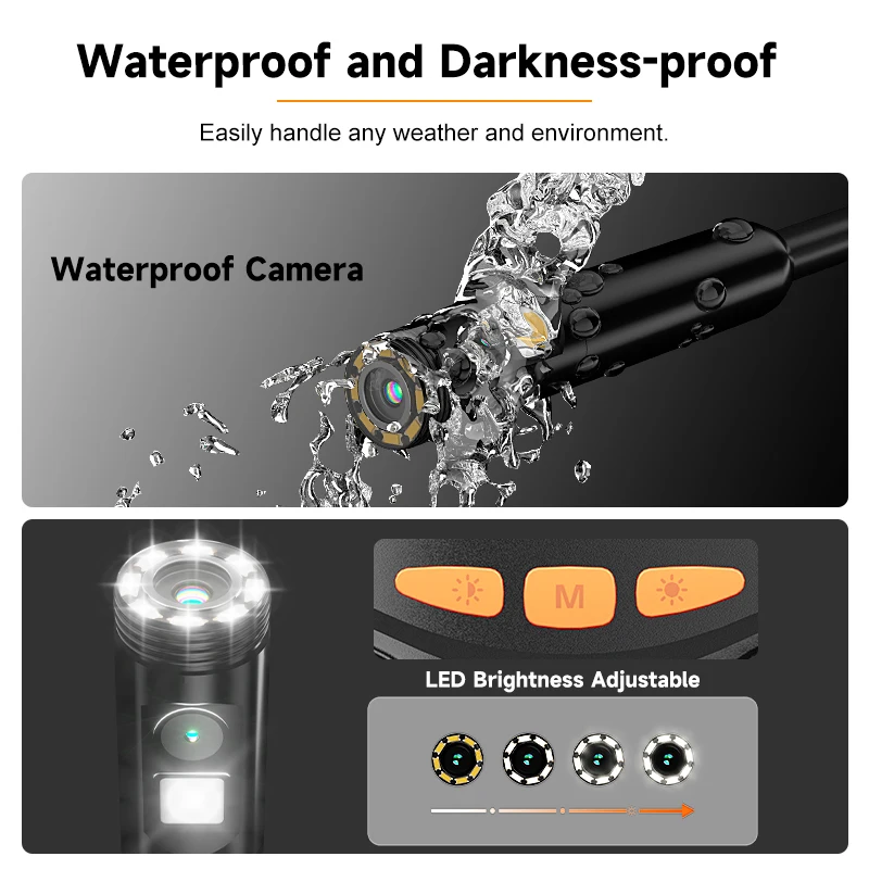 4.3'' Industrial Endoscope Dual Lens 2-100m Rigid Cable Hand-held IP67 Borescope Inspection Camera Detachable Design 1080P 8mm