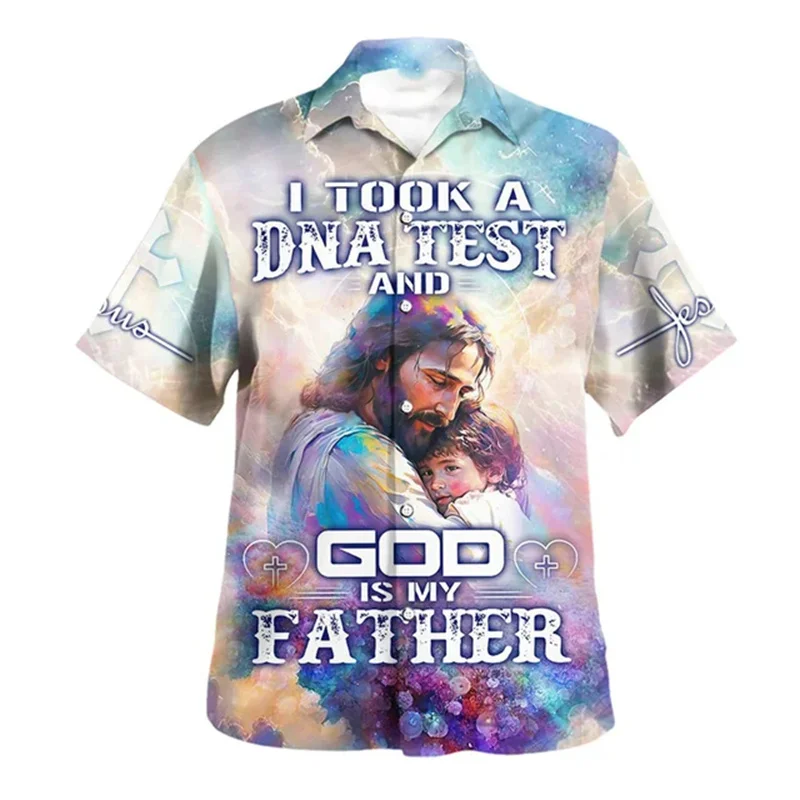 

2025 new 3D printed Jesus loves me, God loves the world fashion Cuban collar short sleeved shirt, fashionable and comfortable