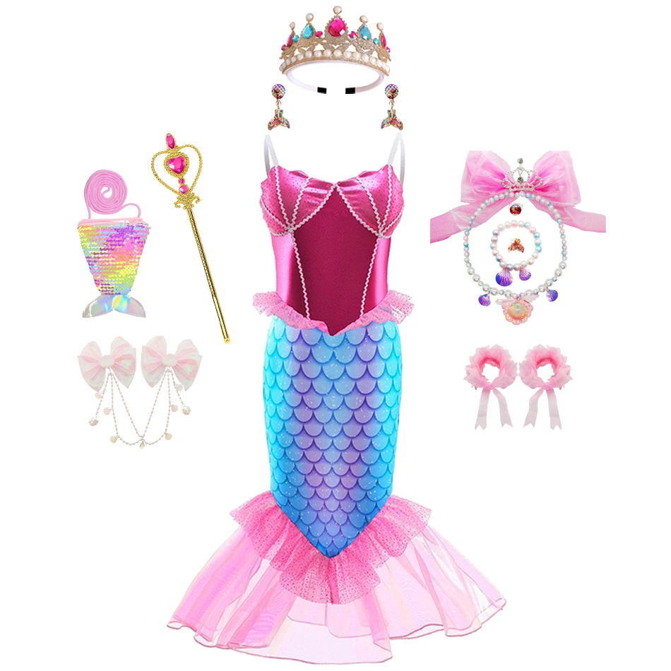 Girls Luxury Mermaid Princess Costume Kids Sequined Tail Dress with Complete Accessories Children Themed Party Cosplay Outfit