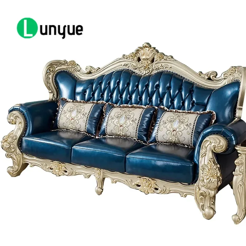 European High End Leather Sofa Solid Wood Engraved Champagne Gold Princess Style Combination Couch for Small Apartment Living