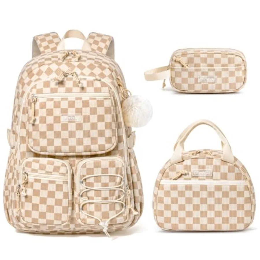 

School Backpack for Girls Boys - 3PCS Corduroy Backpack Set with Lunch Box and Pencil Pouch Lightweight Teen Girls School Bag L
