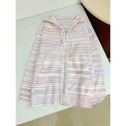 Colorful Striped Hooded Sweaters for Women Soft Warm Spring Autumn Versatile Knitted Cardigans Female Casual Outwear Coat