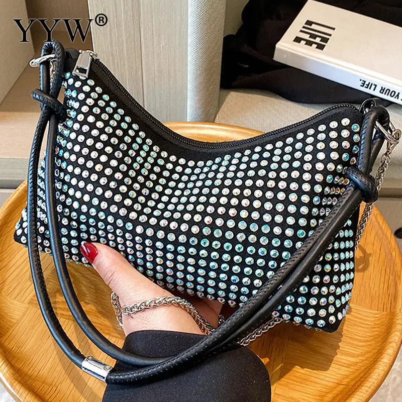 Women\'s Rhinestones Handbags PU Leather Top Handle Diamond Zipper Underarm Purse Metal Chain Crossbody Shoulder Messenger Bag