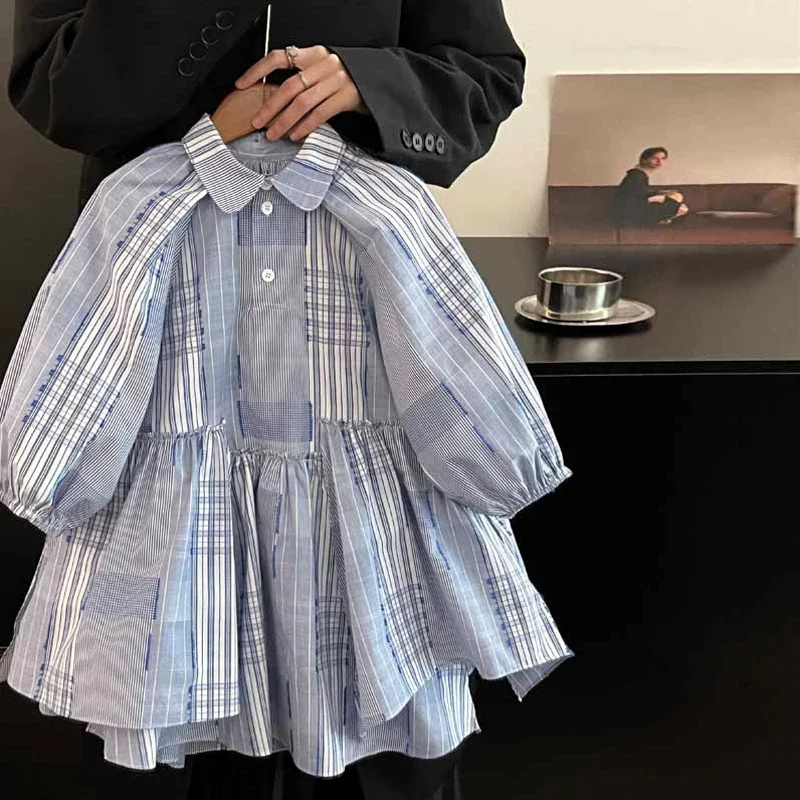 Girls Dress Autumn 2024 New Advanced Sense Foreign Style Children Patchwork Plaid Long-sleeved Shirt Dress Korean Simple Style