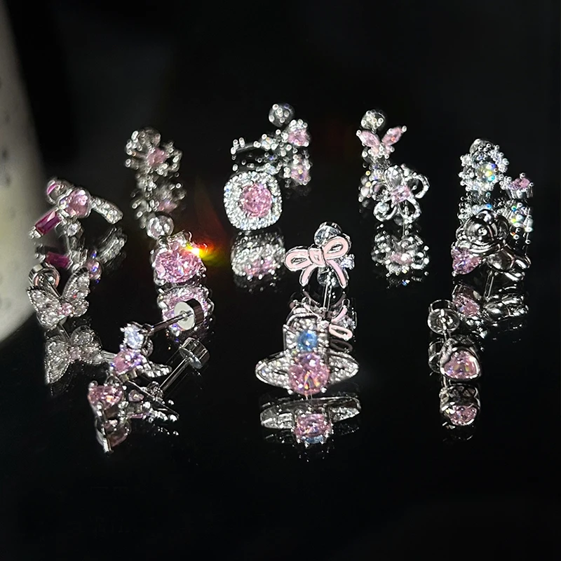 1 PCS Korean Style Shiny Ear Bone Nail 316L Stainless Steel Y2K Cute Pink Bowknot Zircon Crystal Earring Women Cochlea Jewelry