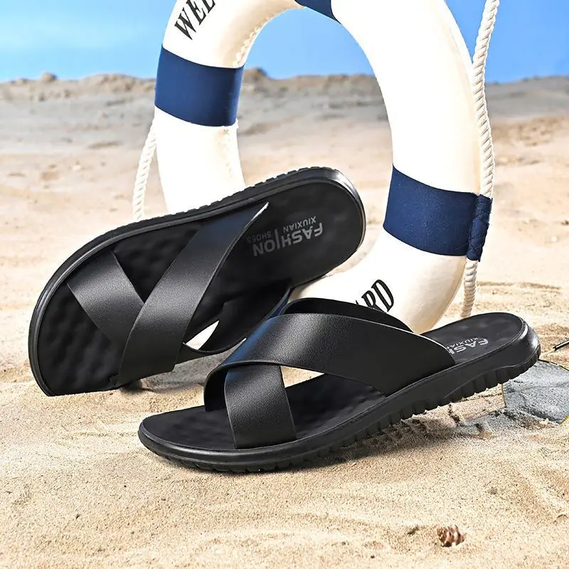 Heren Echt Lederen Luxe Merk Modeslippers 2024 Nieuwe Heren Platte Schoenen Casual Antislip Strandsandalen Zapatos Hombre