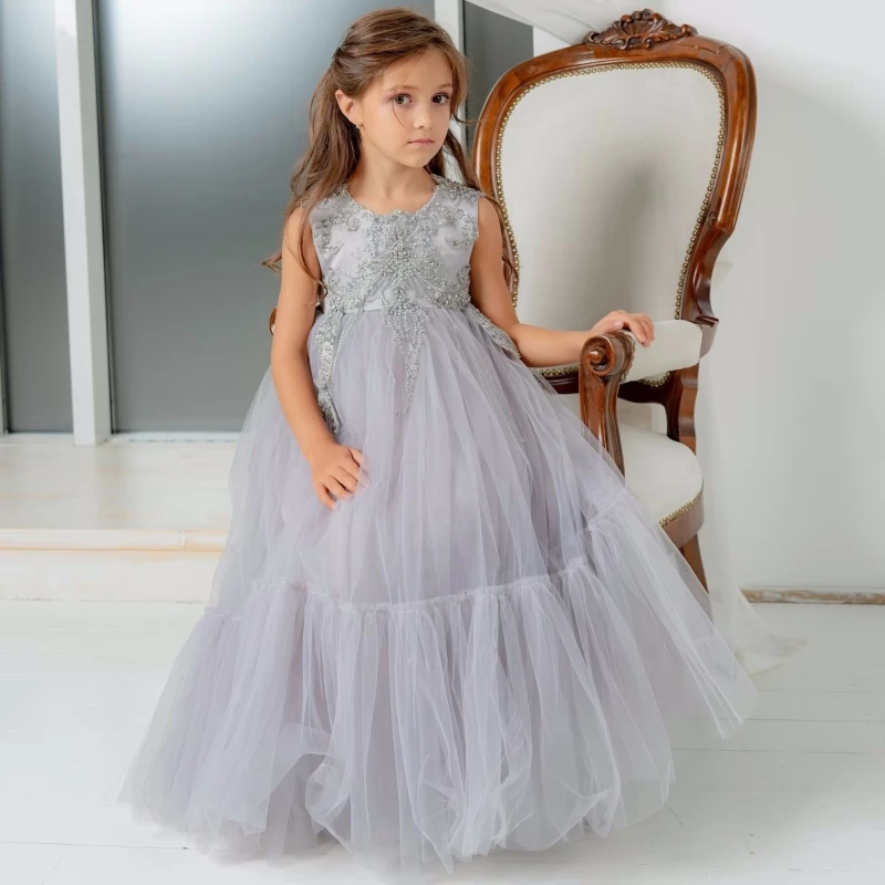 Gray And Blue Flower Girl Dresses Tulle Puffy Appliques Sleeveless For Wedding Birthday Party First Communion Gowns