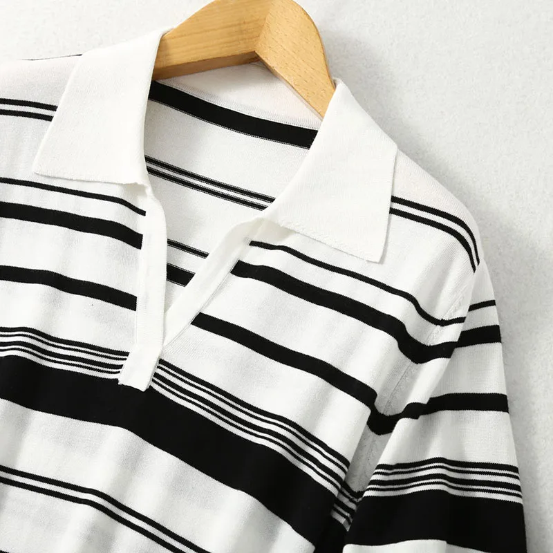 بلوزة نسائية مخططة بياقة على شكل v ، تي شيرت بأكمام قصيرة ، سترة ، بلوفر ، 70% حرير التوت ، 30% قطن ، خطوط ، L ، XL ، XXL ، LY042