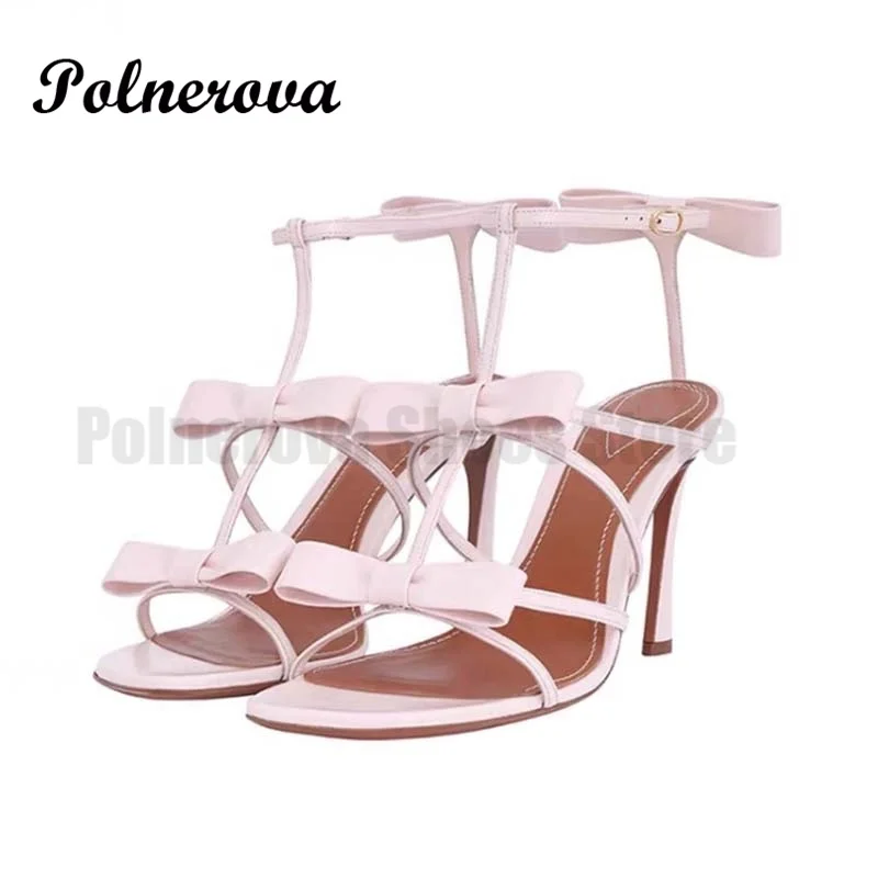 

Pink Bow Stiletto Heel Sandals Square Toe Ankle Buckle Strap High Heels Elegant Women Shoes Summer Sandalias De Mujer Verano