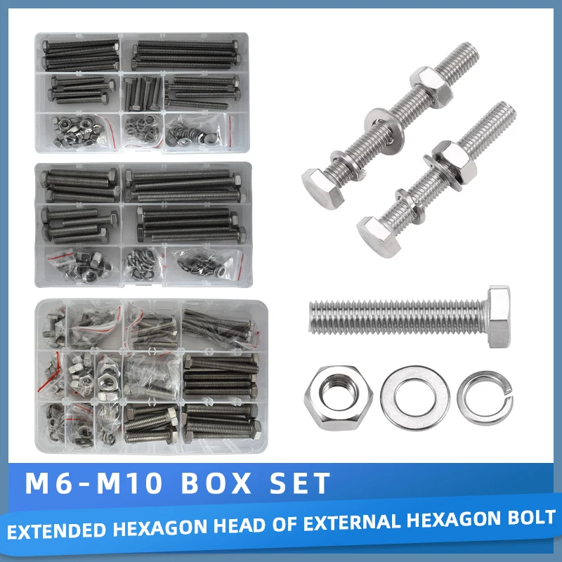 

M6 M8 M10 Metric 304 Stainless Steel Bolt Nut and Washer Assortment Kit Hex Head Assorted Screw Flat Spring Lock Spacer with Box