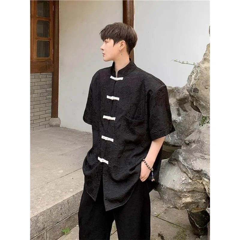 

Рубашка-топ свободного кроя с воротником-стойкой на пуговицах, универсальная, для весны и лета, большие размеры, дизайн 300 Pou Design Sensation