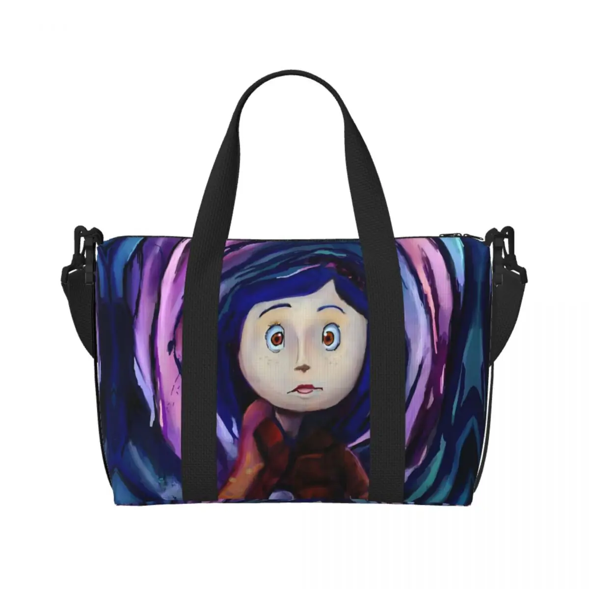 

Custom Coraline Twitchy Witchy Girl Beach Tote Bag Women Horror Scary Movie Big Compartment Beach Gym Travel Bags