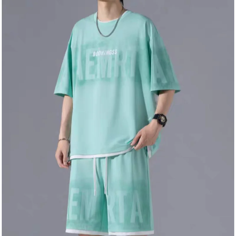 

Sports suit men's short sleeved summer youth letter gradient ice silk paired with cool and casual casual set of men's clothing